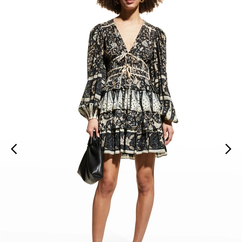 ULLA JOHNSON Nina Lantern-Sleeve Tiered Fit-&-Flare Mini Dress - worn once!